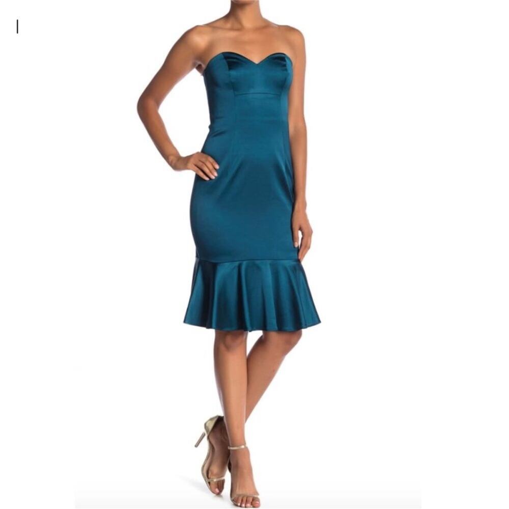 Trina Turk teal blue strapless ruffle hem midi dress‎ size 10 NWT